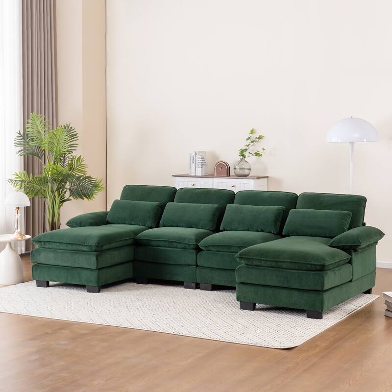 U Shape 111.8"Modern Comfort Combination Sectional Sofa,4-seat Velvet Fabric Upholstered Sofas with Chaise Lounge & Pillows