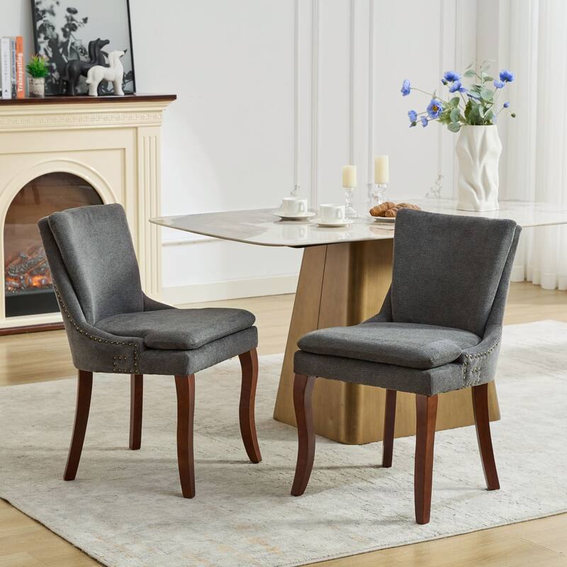 Double-layer Cushioned Dining Chairs Set of 2 Chenille Mid-Back Chair with Nailhead Trim Side Chair with Bent Wood Legs