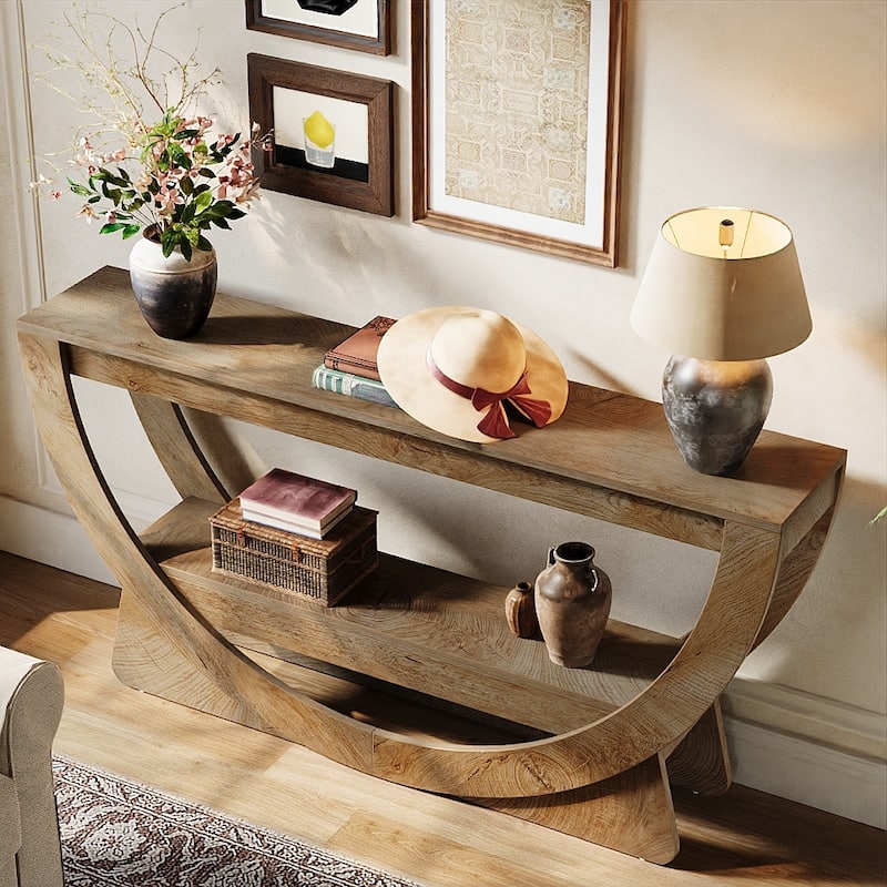 63-Inch Console Table for Entryway , 2-Tier Sofa Table with Storage Shelves & Arched Frame, Farmhouse Style