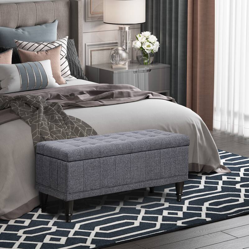 Storage Ottoman, Linen Fabric Button Tufted Storage Bench with Soft Close Lid for Living Room, Entryway or Bedroom