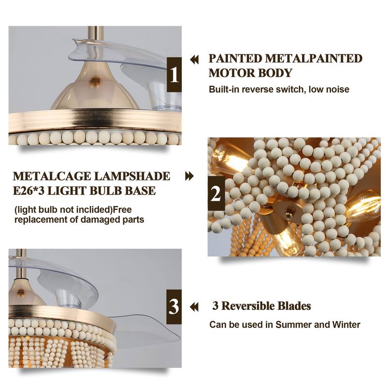 Bella Depot 42" Bohemian Retractable Ceiling Fan with Remote and Light 6-speed Modern Wood Chandelier