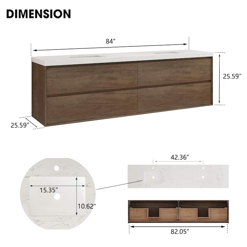 Sylphar 84 inch Bathroom Vanity with Sink, Floating Oak Cabinet with Stone Top