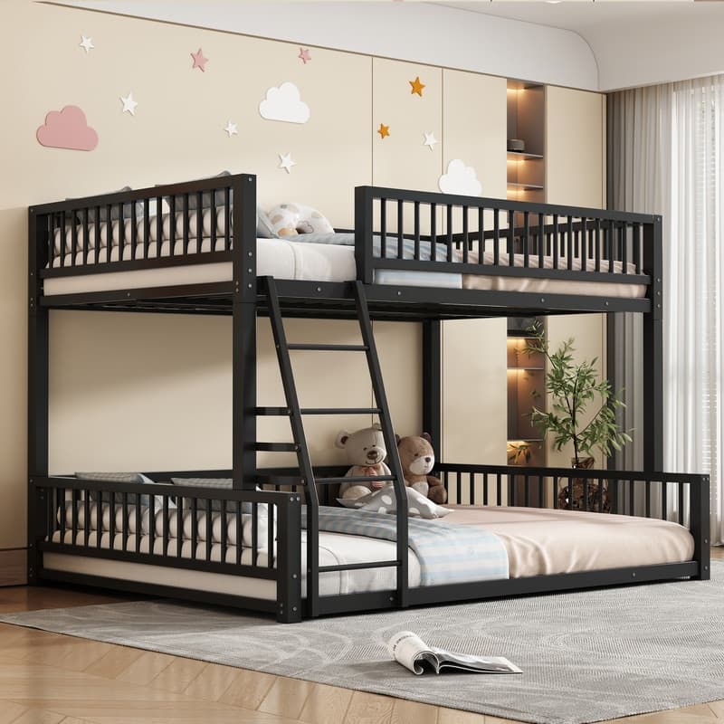 Full XL over Queen Floor Metal Bunk Bed Frame with Ladder and Safety Guardrails