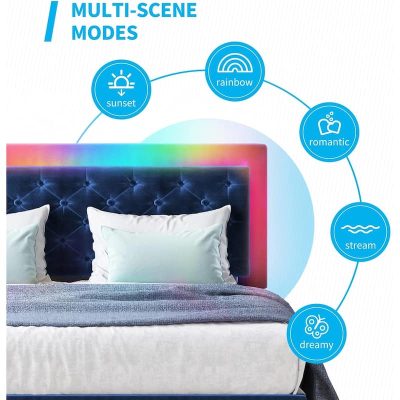 Mixoy Velveteen RGB LED Bed Frame with Button Tufted Adjustable Headboard