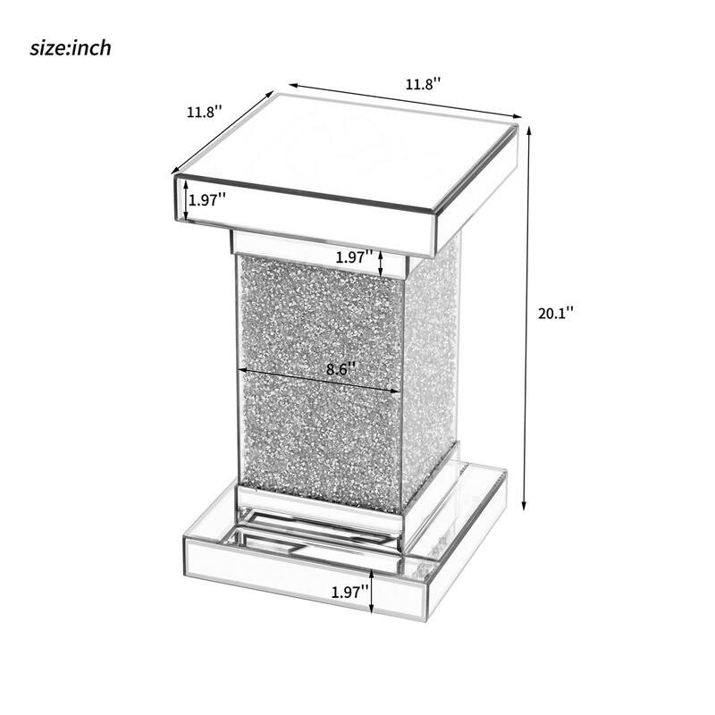 11.8'' Silver Square Mirrored End Table w/LED lights,Modern Side Table
