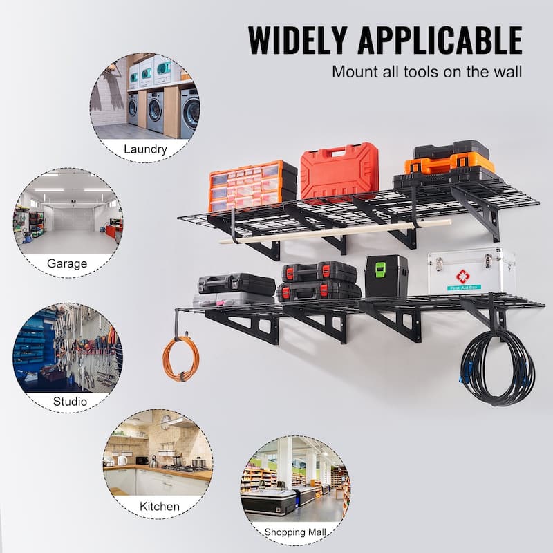 Black Steel Heavy-Duty Wall Shelves, Garage Storage and Hooks