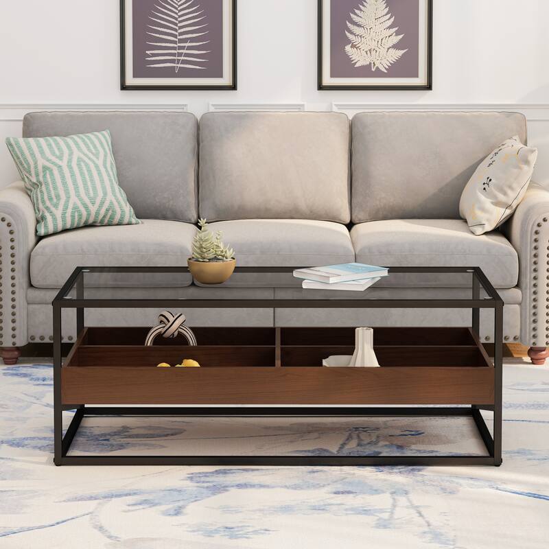 Glass Coffee Table with storage shelf and metal table legs
