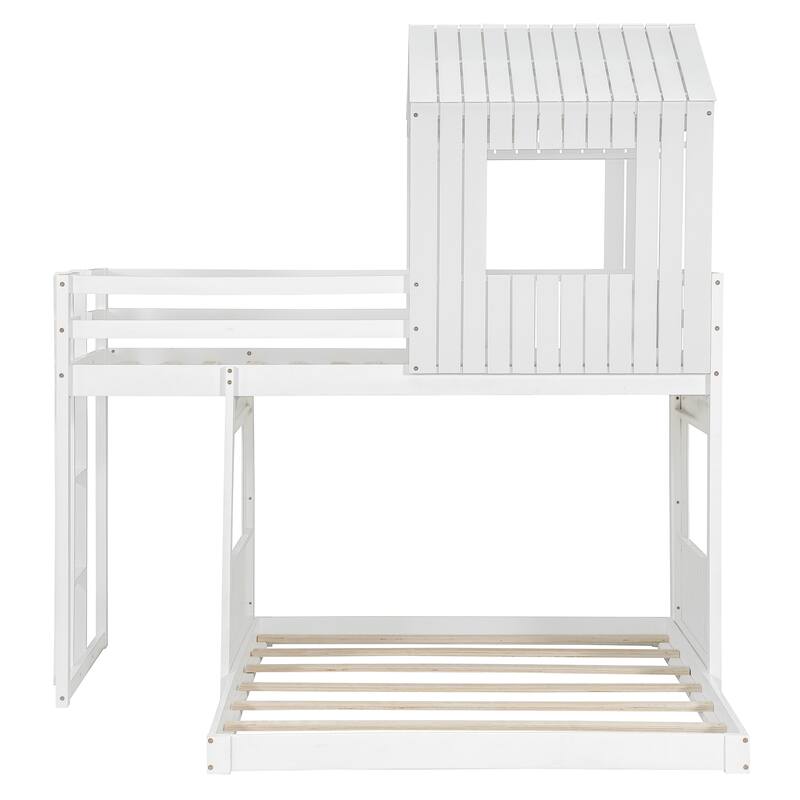 White Twin Over Full Bunk Bed with Playhouse, Ladder, and Guardrails