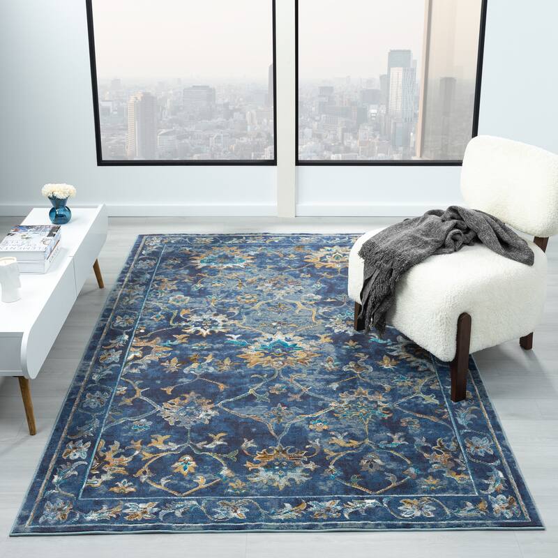 Sevita Gaia Farmhouse Floral Durable Performance Blue Indoor Area Rug