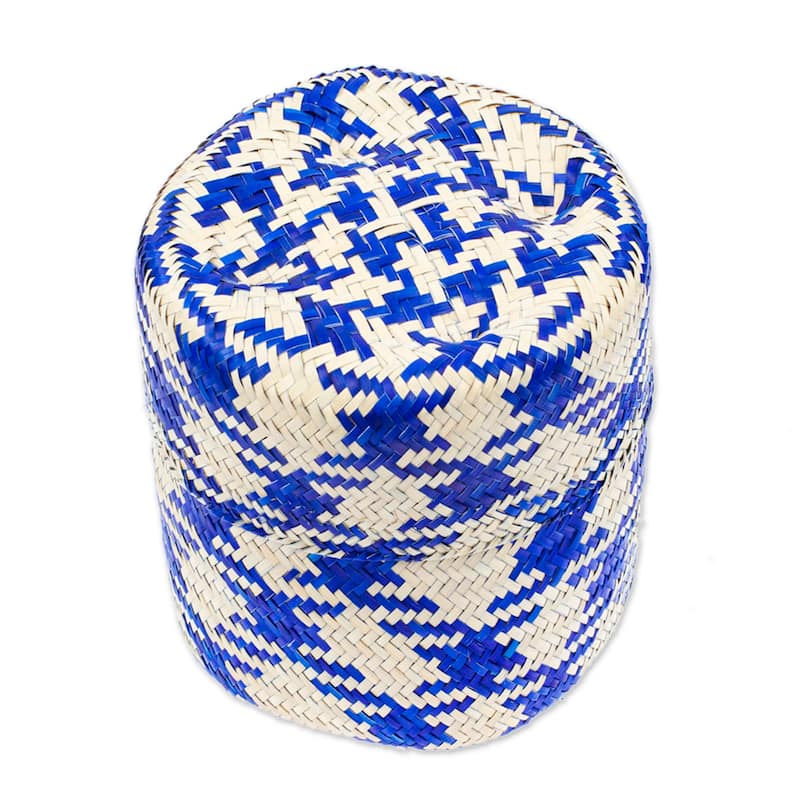 Novica Handmade Rooster In Blue Natural Fiber Basket