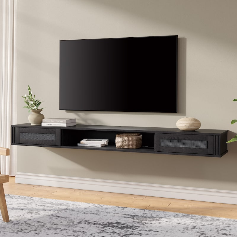WAMPAT Floating TV Stand Shelf with Power Outlet and 2 Rattan Doors - 1 Tier - Black