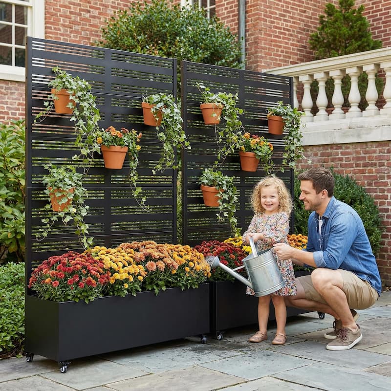 Metal Galvanized Planter Box with Trellis Privacy Screen Lockable Wheels Set of 2