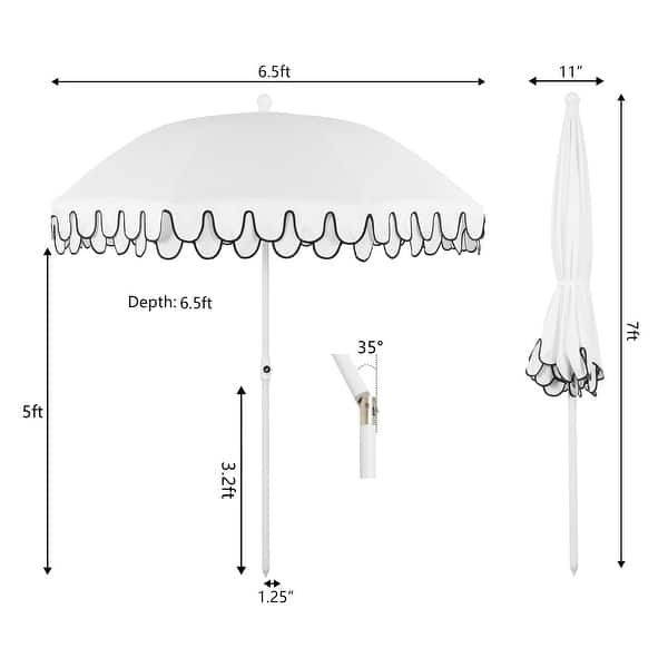 dimension image slide 2 of 4, Horizon Coastal Scalloped Edge Beach Umbrella with Fringe, Push-Button Tilt, UV 50 Outdoor Canopy and Portable Carry Bag
