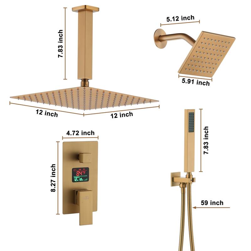CASAINC Dual Heads 12 Inch Ceiling Mounted Square Shower Head Shower System with Handheld Shower Digital Display Shower