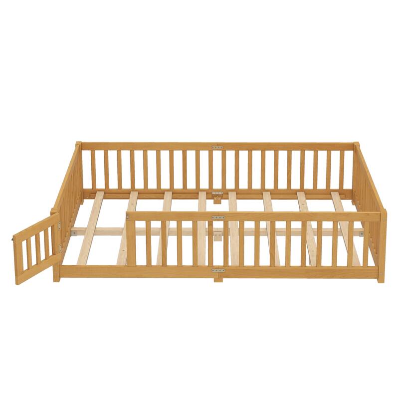 Queen Size Bed Floor Bed with Safety Guardrails and Door for Kids
