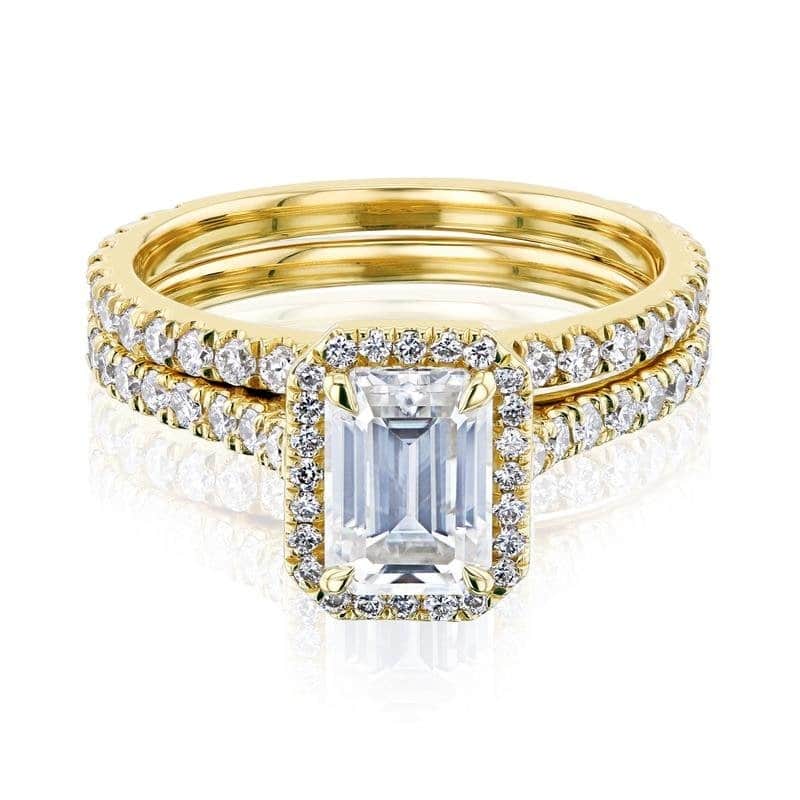 Kobelli 1.85 Carats Moissanite & Lab Grown Diamond 14k Solid Gold Emerald Halo Cathedral Near Eternity Eileen 2pc Bridal Set - 7 - Yellow