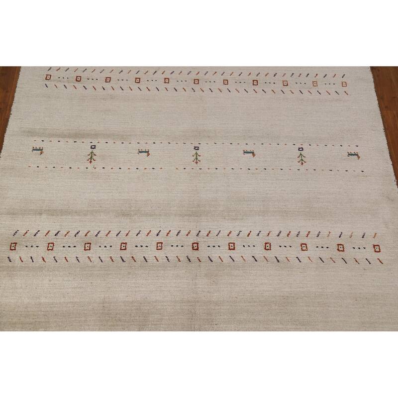Modern Gabbeh Oriental Area Rug Handmade Beige Wool Carpet - 5'9" x 7'9"
