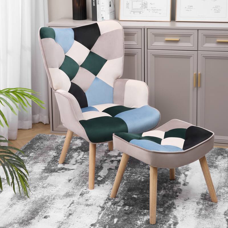 Creative Splicing Cloth Accent Chair with Ottoman