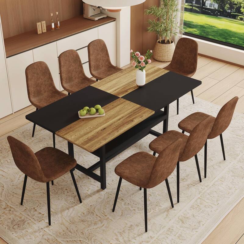 9-Piece Spliced Dining Table with Storage Compartment, Scratch-Resistant MDF Top, Linen-Cotton Chairs, Anti-Slip Feet