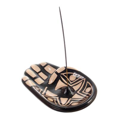 Novica Handmade Black & White Hamsa Ceramic Incense Holder