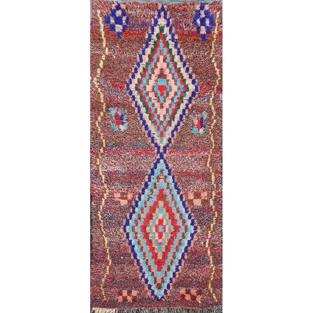 Vintage Geometric Moroccan Oriental Runner Rug Wool Handmade - 3'5" x 7'7"