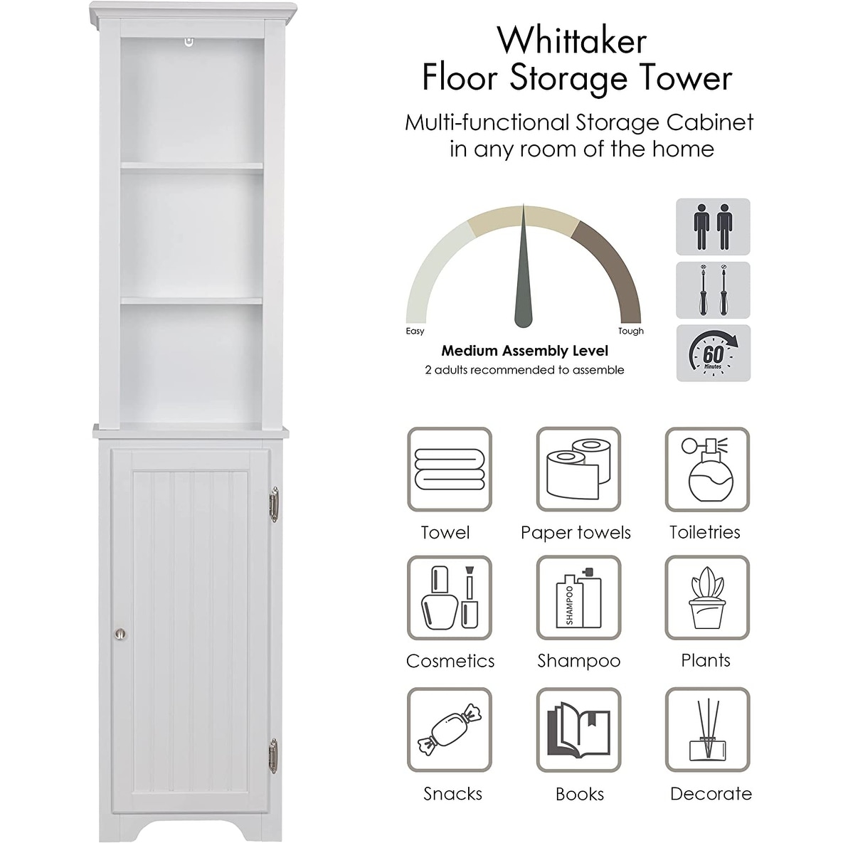 UTEX 64 Freestanding Storage Cabinet, Bathroom Tall Cabinet with Doors and  Shelves, Free Standing Linen Tower, Home Storage Furniture,White