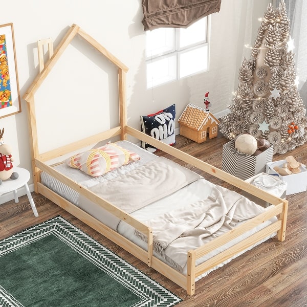 slide 2 of 9, Twin Size Montessori Floor Bed with Fences, Modern Twin Kids Bed with House-shaped Headboard, Wood Twin Bed Frame for Girls,Boys Natural - Twin