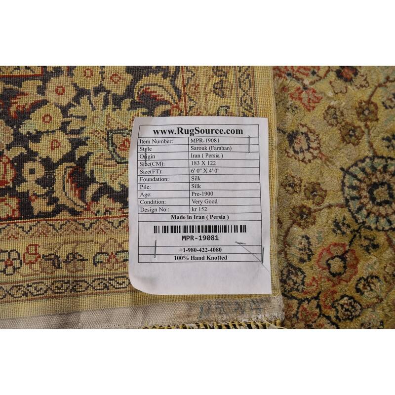 Pre-1900 Antique Silk Farahan Foyer Rug Hand-Knotted Wool Carpet - 4'0" x 6'0"