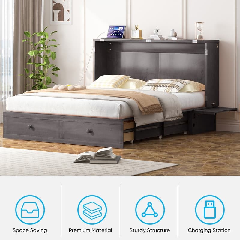Mixoy Modern Queen Murphy Bed Chest with Mattress and USB ports
