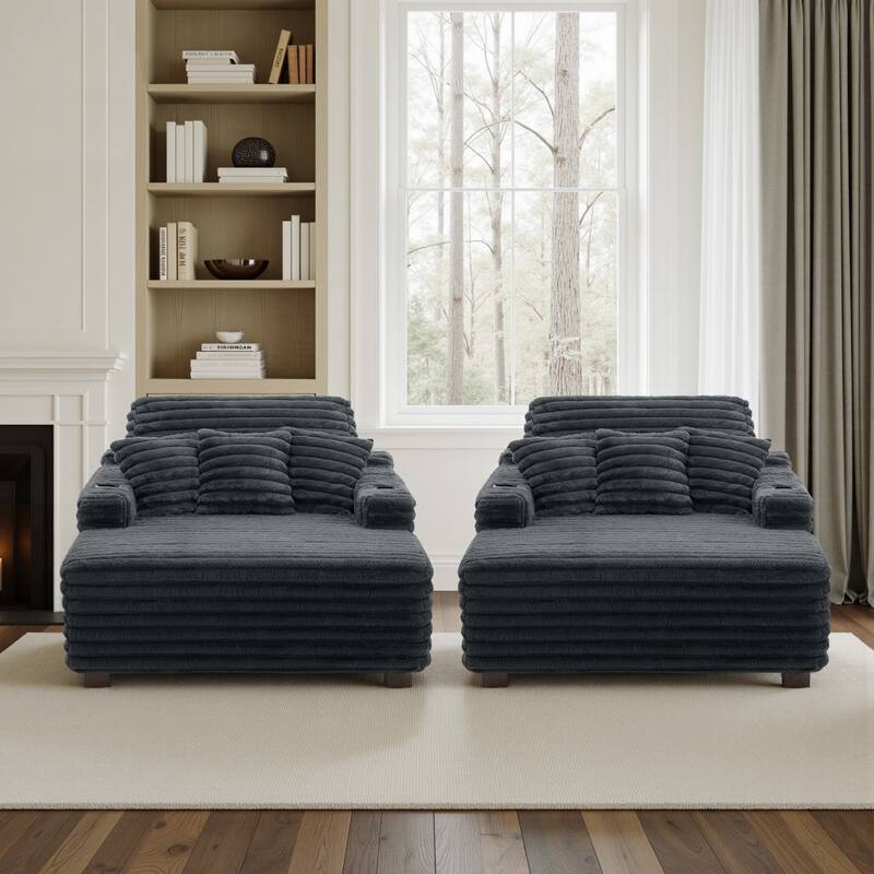 53"W Oversized Plush Fur-Like Chaise Lounge Sofa with Cup Holder