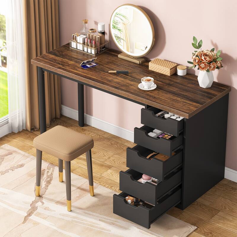 Modern Vanity Desk with 5 Reversible Drawers, Multiple Storage Makeup Desk, Christmas Gift for Home Use - Brown+Black