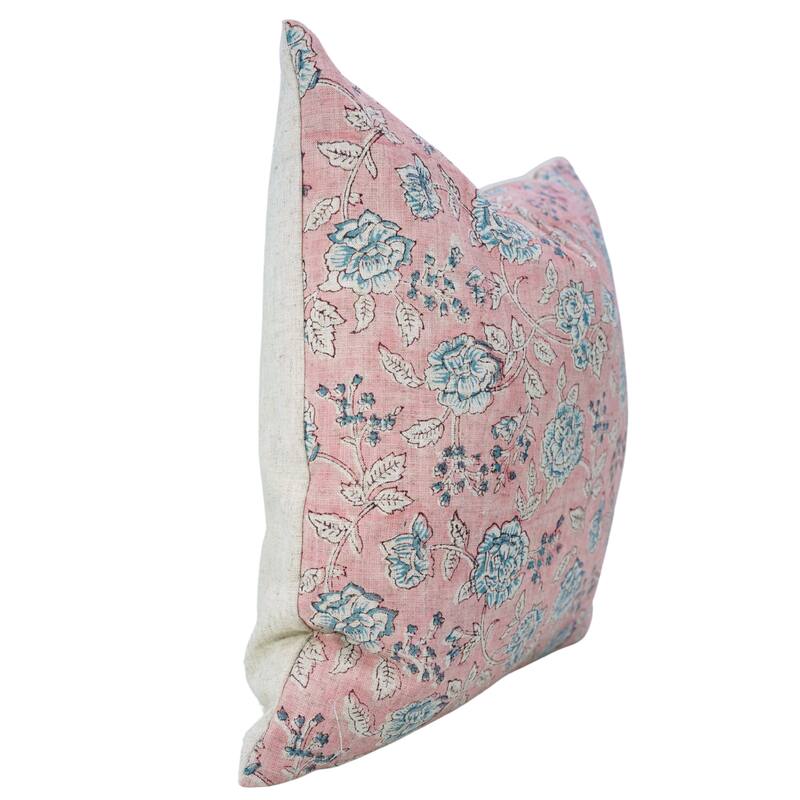 Fabdivine Pink or Gray Floral Accent Cushion Cover for Farmhouse Sofa, Bed Pillowcase 16x16 Inch Viscose Linen, Rameshwaram