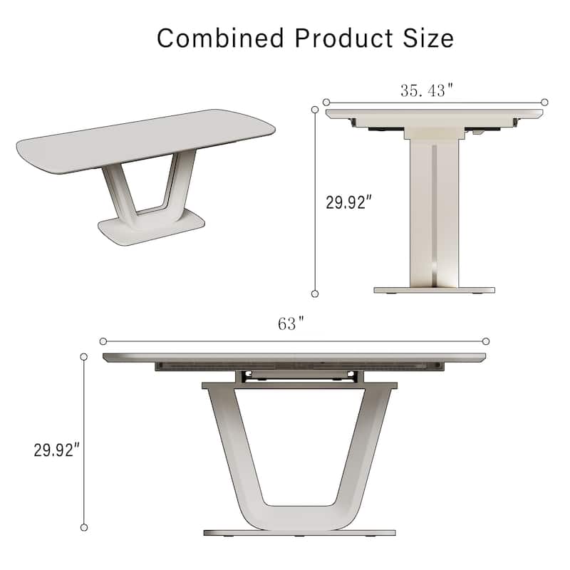 Expandable Grey White MDF Dining Table with U-Shaped Legs for Family Gatherings 2-8 Seats - 63”-78.74”L x 35.43''W x 29.92”H