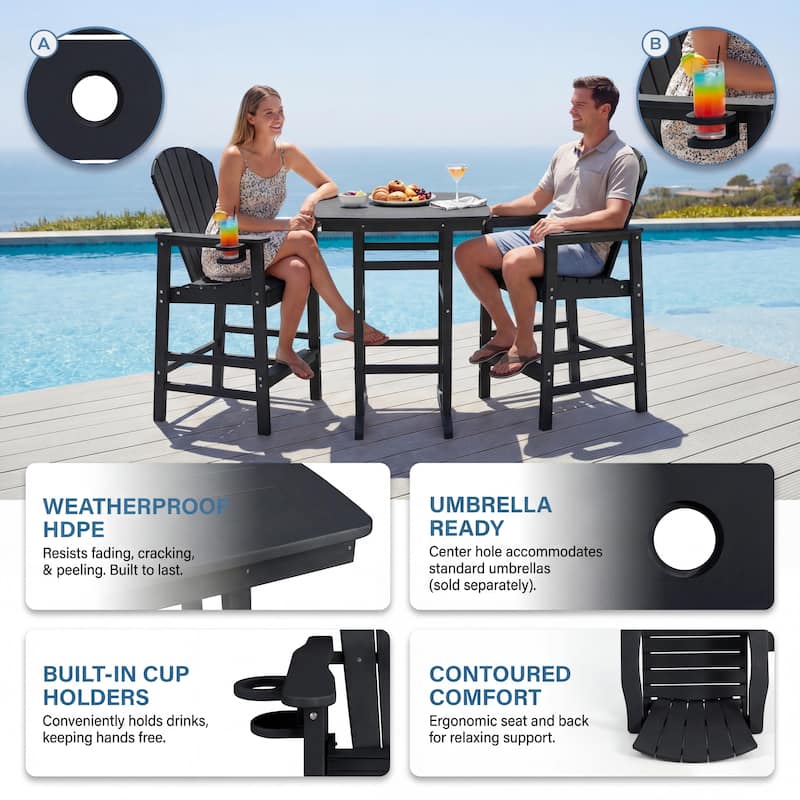 3-Piece HDPE Bar-Height Patio Bistro Set, 42.1" Square High Top Pub Table + 2 Bar Chairs, All-Weather Outdoor Dining Set