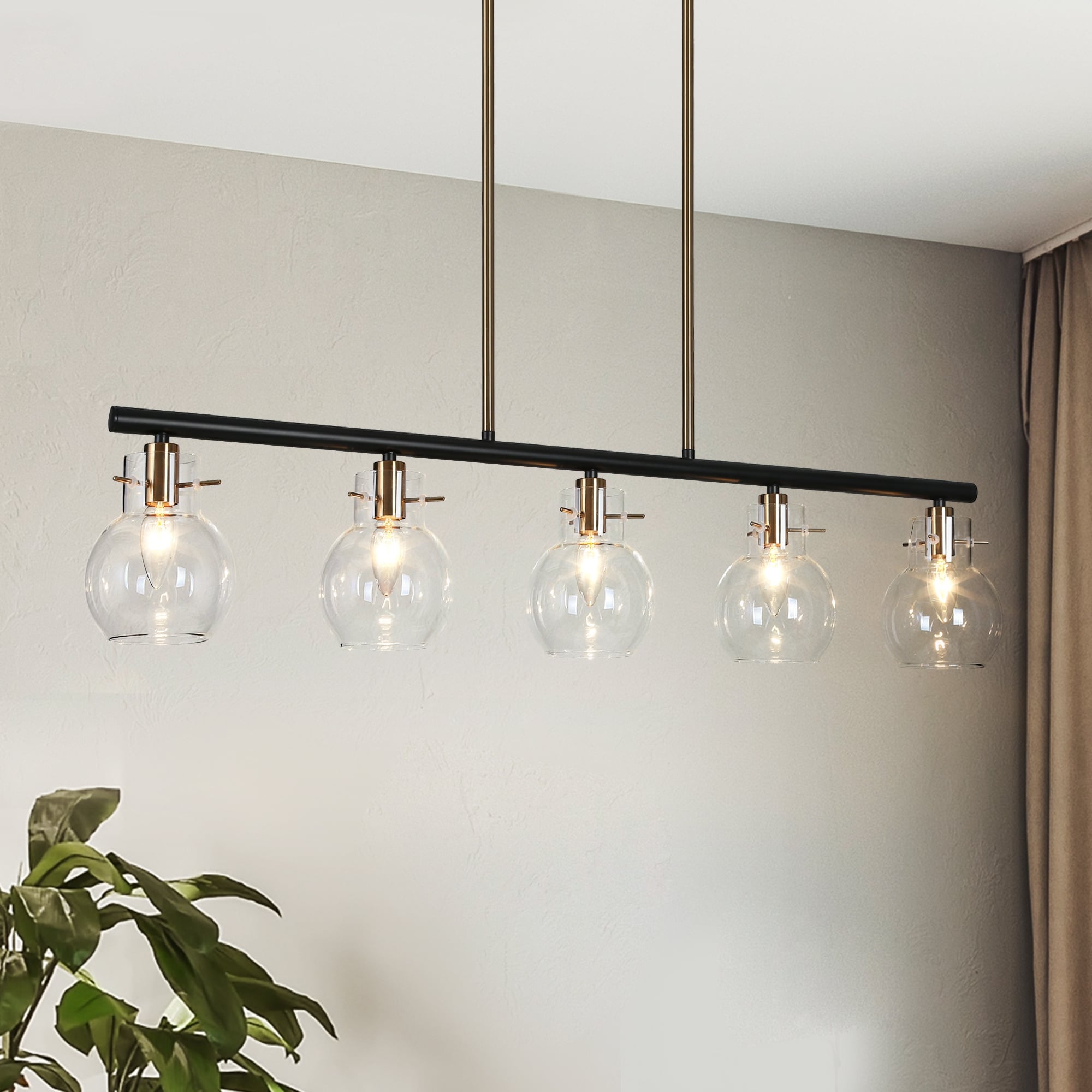 Modern 5-Light Chandelier Black Gold Linear Chandelier 38" L Glass Island Lights for Dining Room
