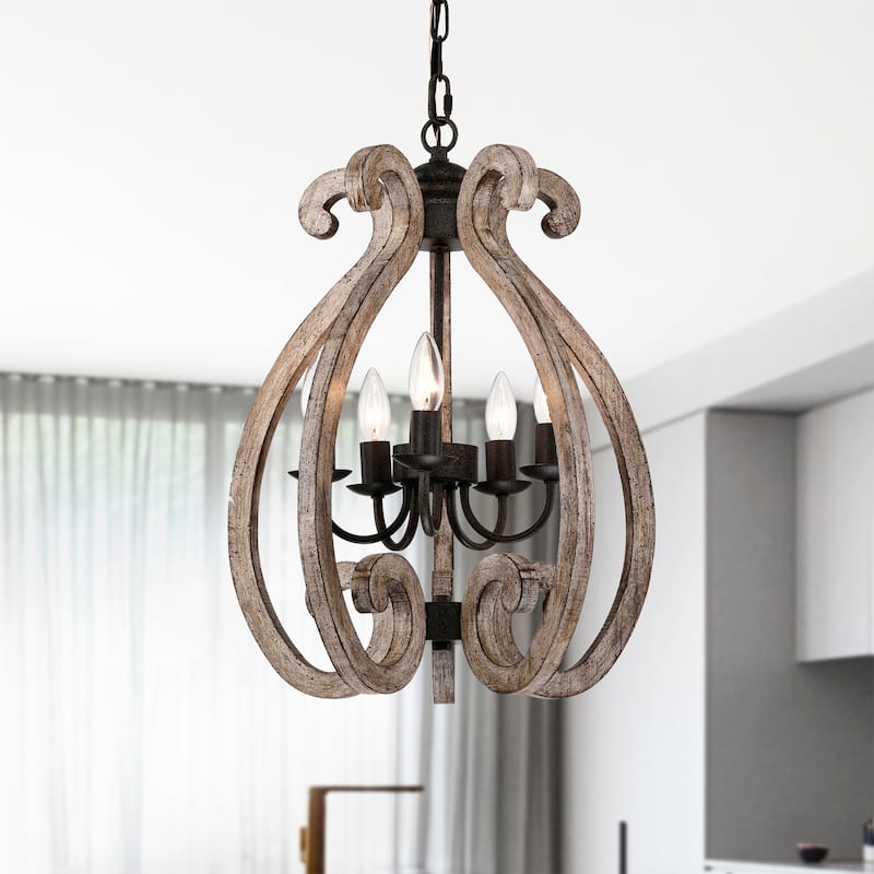 Lina 17 Inch Farmhouse Lantern Wood Grain Finish Pendant 6 Light
