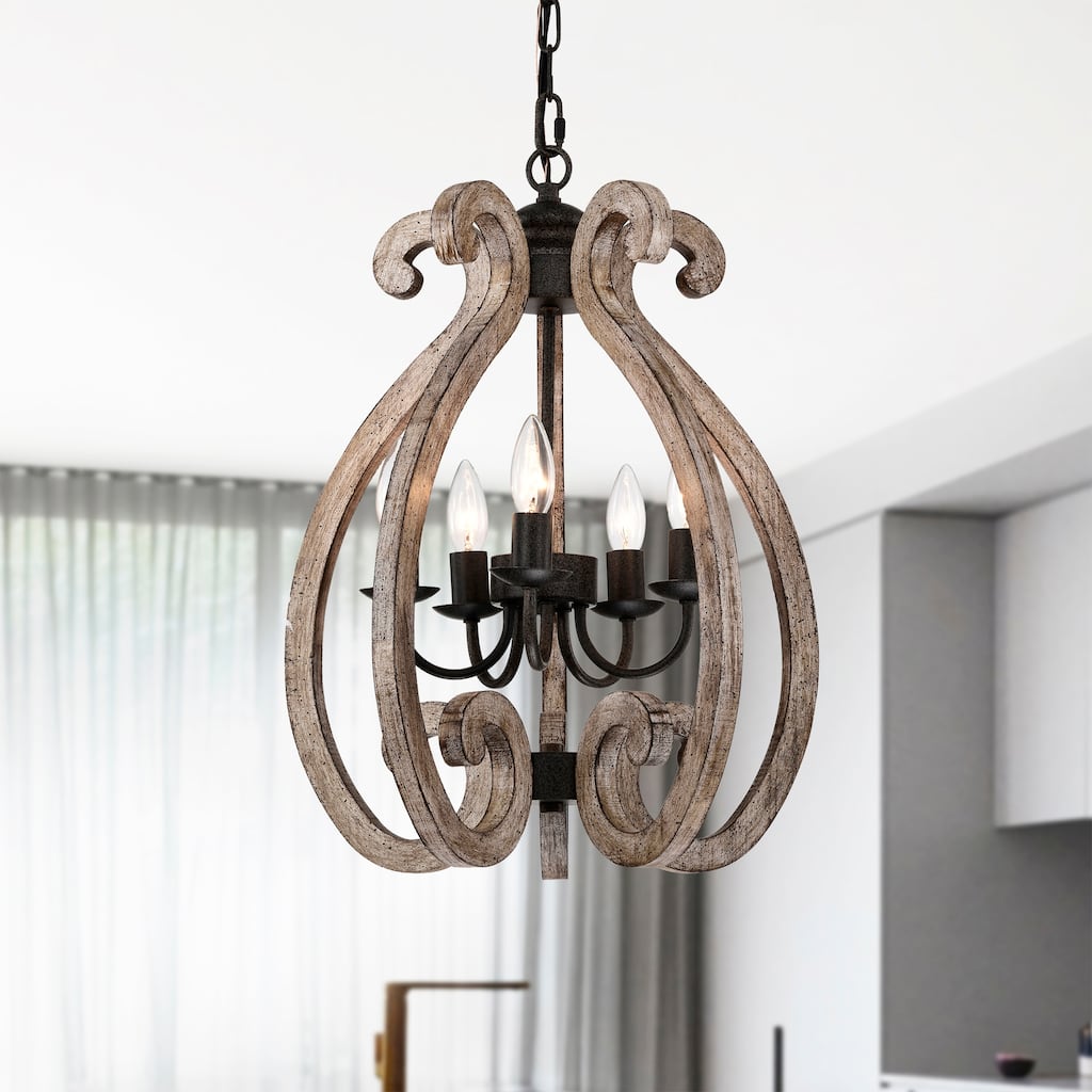 Lina 17 Inch Farmhouse Lantern Wood Grain Finish Pendant 6 Light