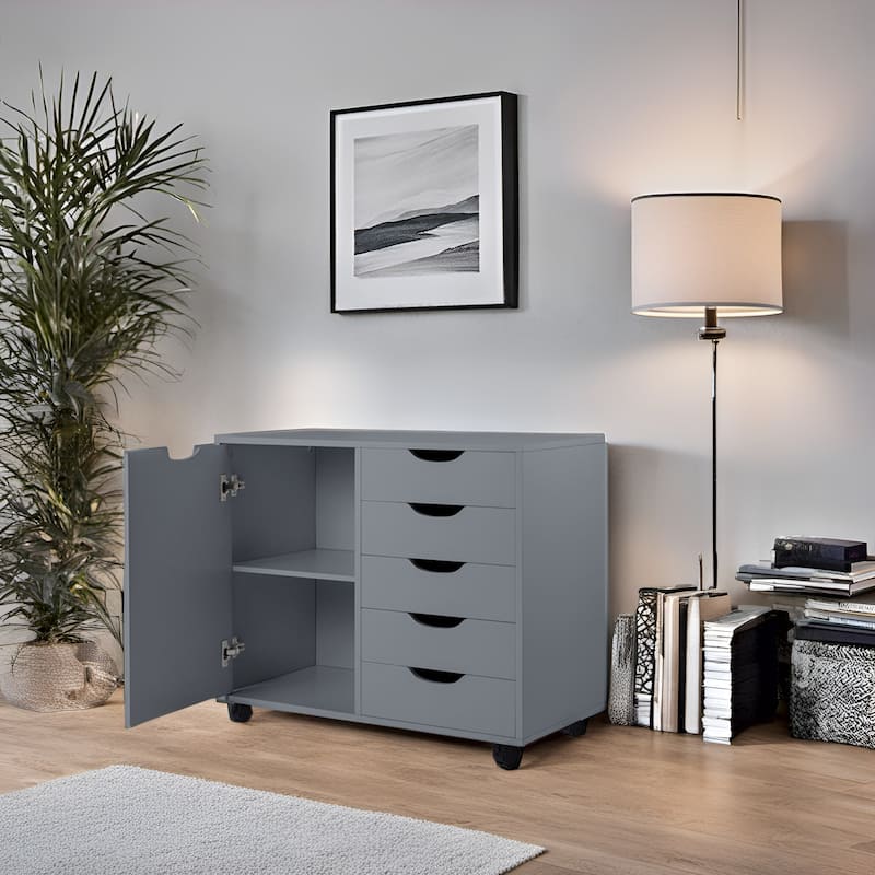 Wooden 5-Drawer Office Storage Cabinet with Extra Shelf and 360° Mobility for Effortless Organization
