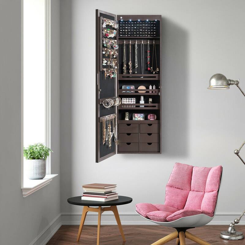 Gymax Lockable Wall Door Mounted Jewelry Cabinet LED Mirror Brown - See Details