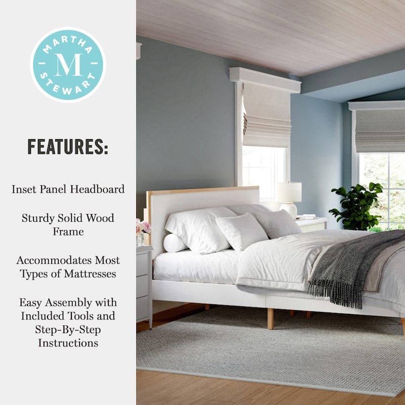 Martha Stewart Wooden Platform Bed with Upholstered Base and Triple Inset Headboard