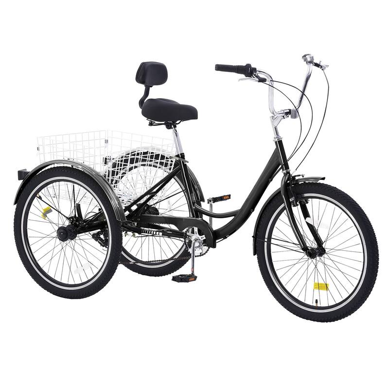 Black Carbon Steel 3-Wheel Bike with 7-Speed and Cargo Basket - 68.5” L x 29.9” W x 44.9” H - Black