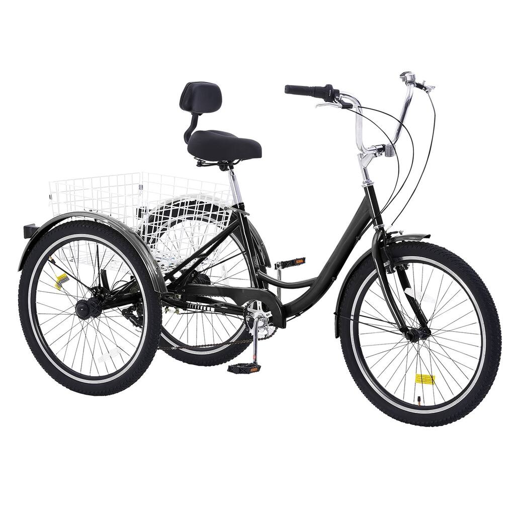 Black Carbon Steel 3-Wheel Bike with 7-Speed and Cargo Basket - 68.5” L x 29.9” W x 44.9” H