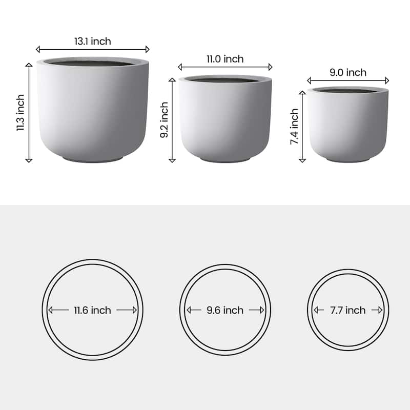 Plantara 13", 11", & 9" D Round Solid Whiteplanter (Set of 3), Concrete Flower pot for Outdoor