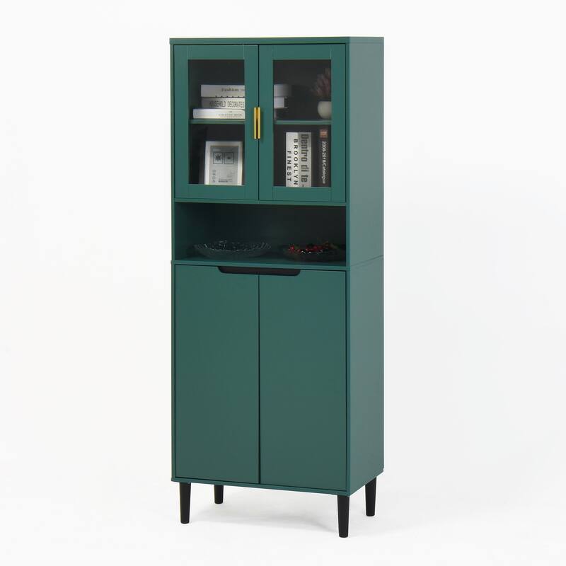 Tall Kitchen Pantry Cabinet with 2 Glass Display Doors & 2 Solid Doors