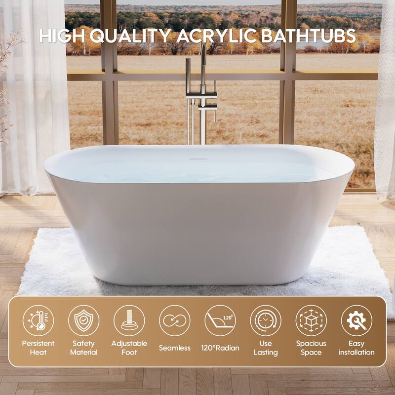 Glossy White Freestanding Soaking Bathtub, 100% Pure Virgin Acrylic with Drain And Overflow