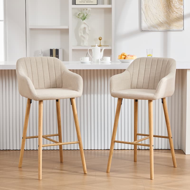 Modern Bar Stools Set of 2, Kitchen Island Tall Chairs with Back, Arm, Footrest and Solid Wood Leg, Upholstered Bar Stools