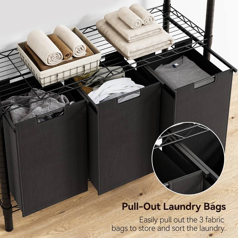 Laundry Hamper Sorter with Garment Rack Hanging Rod and Adjustable Shelf