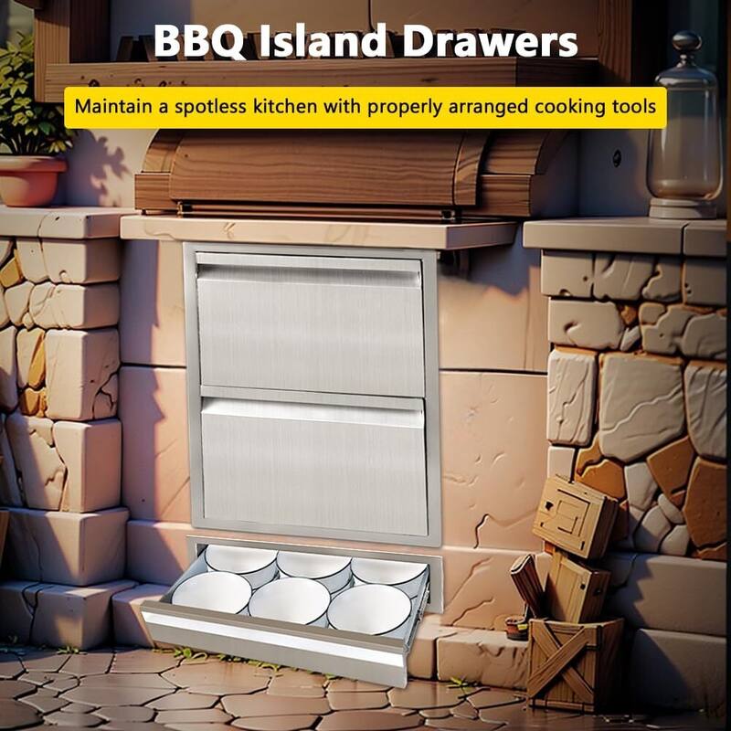 Outdoor Kitchen Drawer 24" W x 6.5" H x 23" D, 304 Stainless Steel Flush Mount Single Layer Access BBQ Drawers