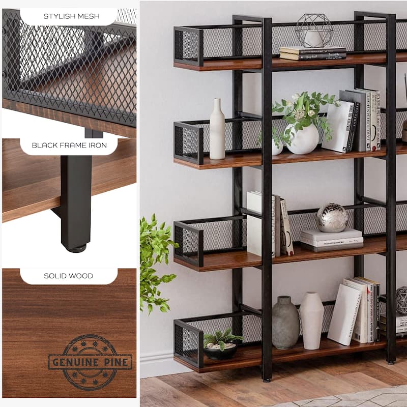 Sturdis 4 Tier Solid Wood Metal Industrial Bookshelf with Mesh Barriers, Black - 60