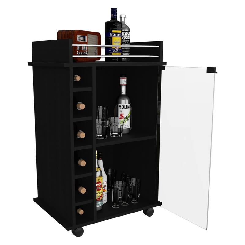 Dukat Bar Cart,Two Shelves, Six Built-in Wine Rack, Four Casters -Black